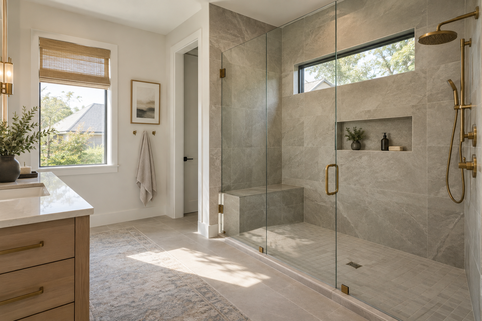 Modern custom walk-in shower with marble-look walls and glass enclosure